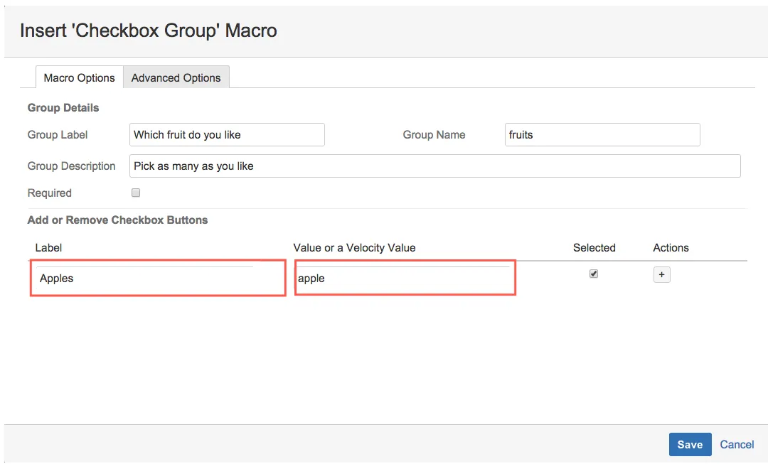 Forms - Checkbox Group macro dialog showing label, value, and default settings for a single checkbox option