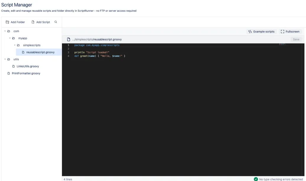 The newly created file is shown in the Script Manager.