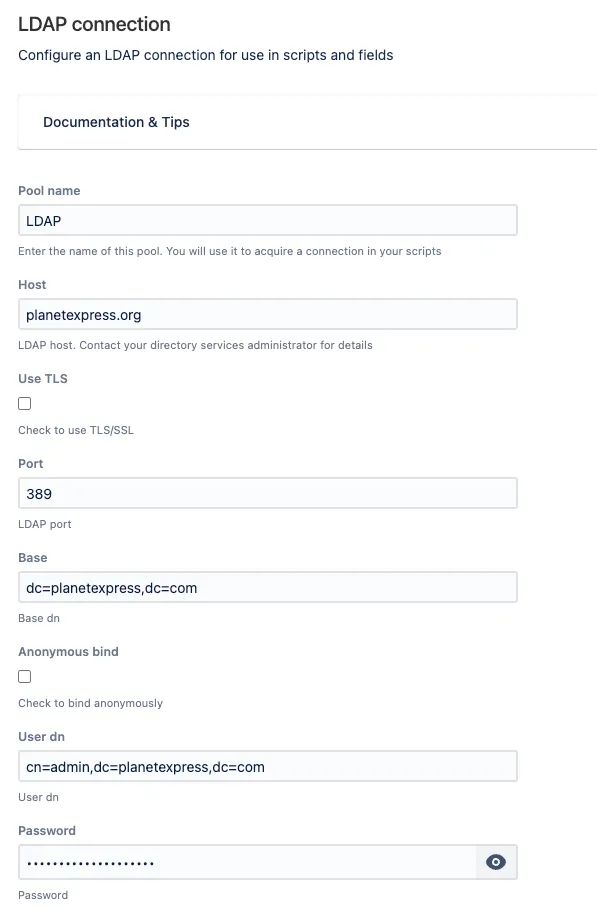 LDAP connection configuration in ScriptRunner Resources
