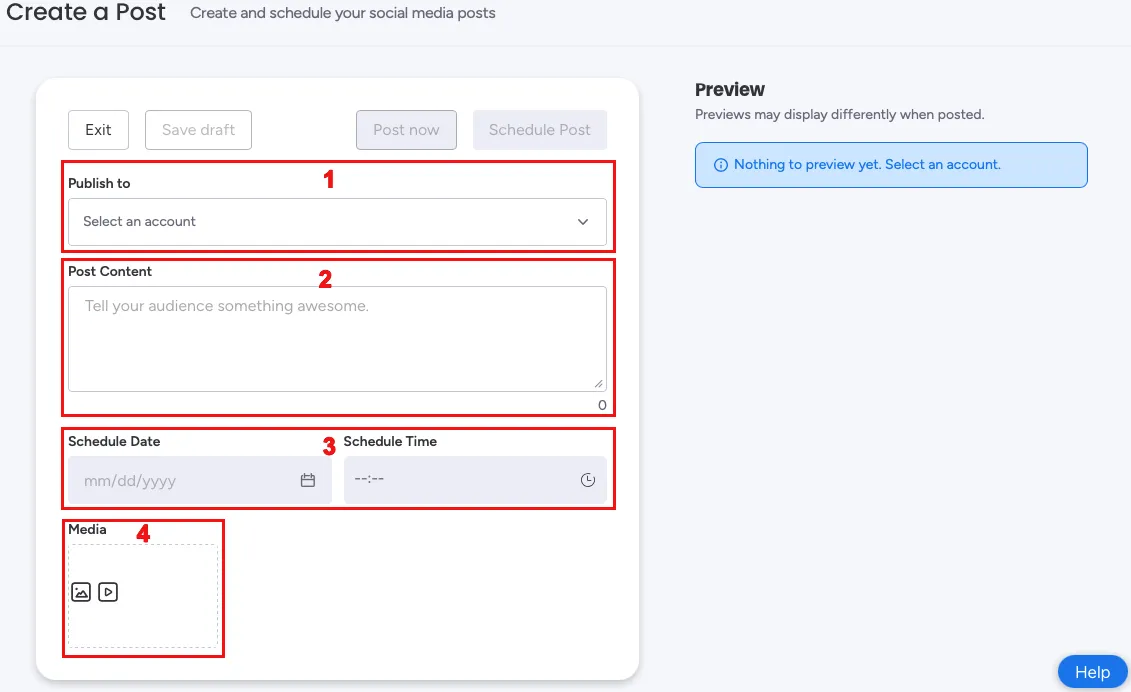 Screenshot of the Create a Post screen showing fields to select the platform and account, write a caption, schedule the date and time, and add media before publishing.