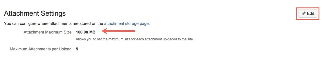 Confluence Attachment Settings page showing the Attachment Maximum Size field being edited