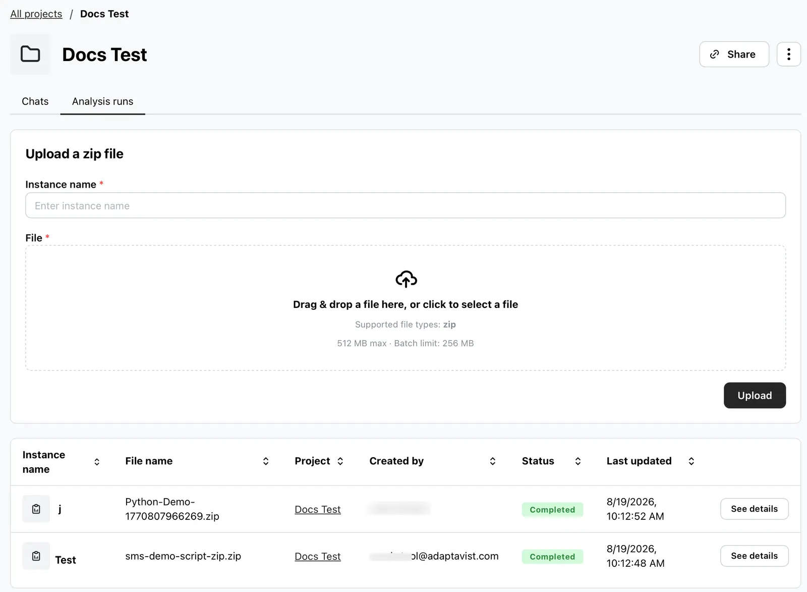 Analysis runs screen within a Project
