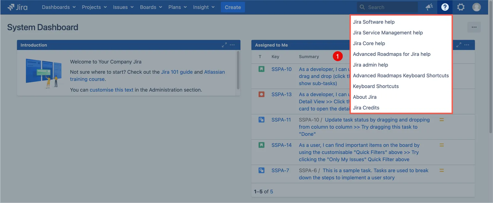 Jira Help menu showing the Help icon dropdown with the main Jira help option highlighted.