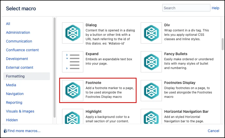 Macro Browser showing the Footnote macro selected