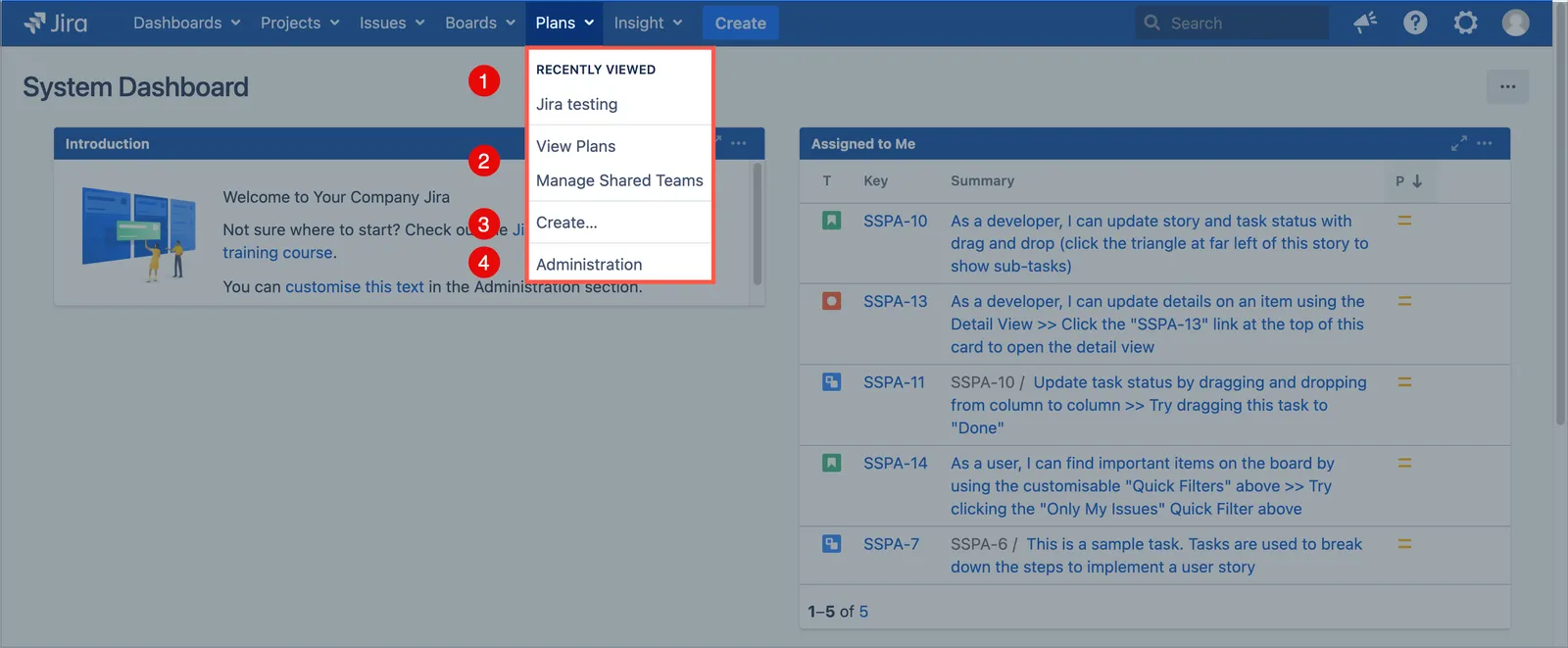 Jira Plans menu showing links for recently viewed plans, managing plans, creating a plan, and roadmap admin documentation.