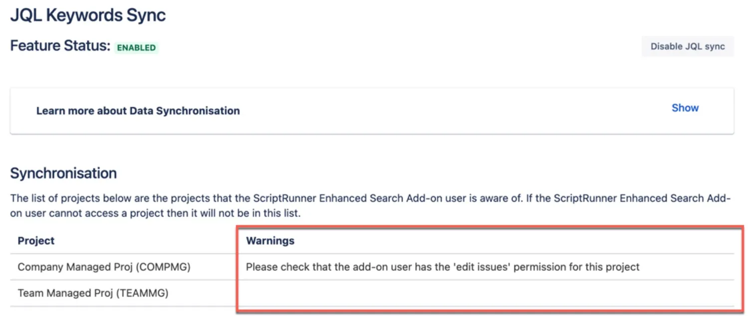 The JQL Keywords Sync page showing a project table with columns for project name, project type, and permission warnings, highlighting projects where the add-on user lacks required permissions.