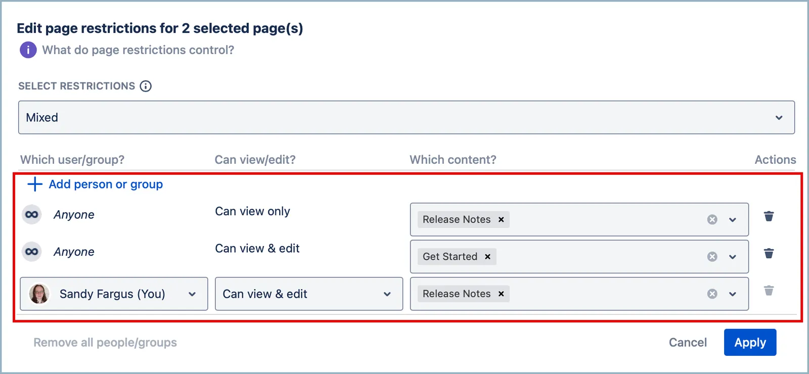 Restrictions settings dialog showing options to apply general restrictions via a drop-down menu and configure individual permissions for specific users and groups.