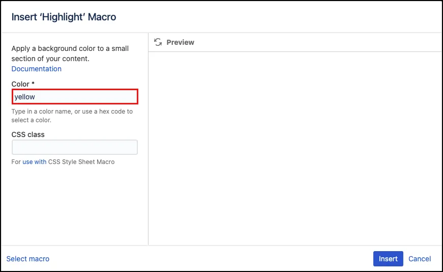 Highlight macro editor showing yellow highlight color selected and preview text