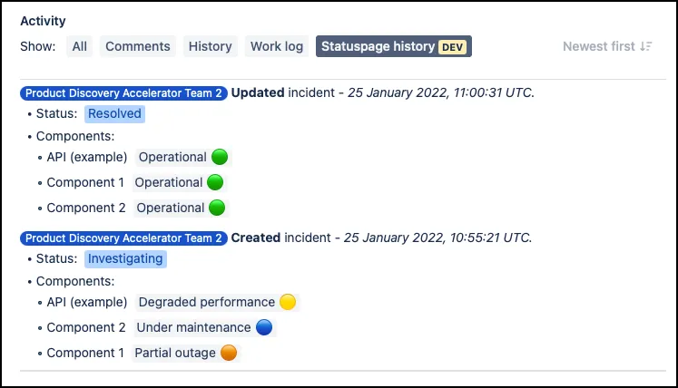 Statuspage history panel in Jira showing a chronological list of incident status changes and updates