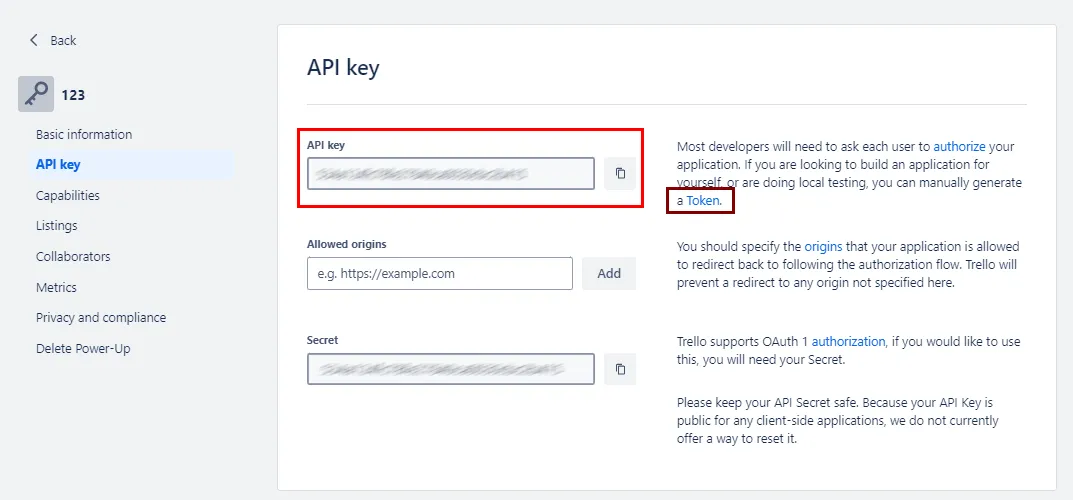 Image of the API key screen with API key option highlighted