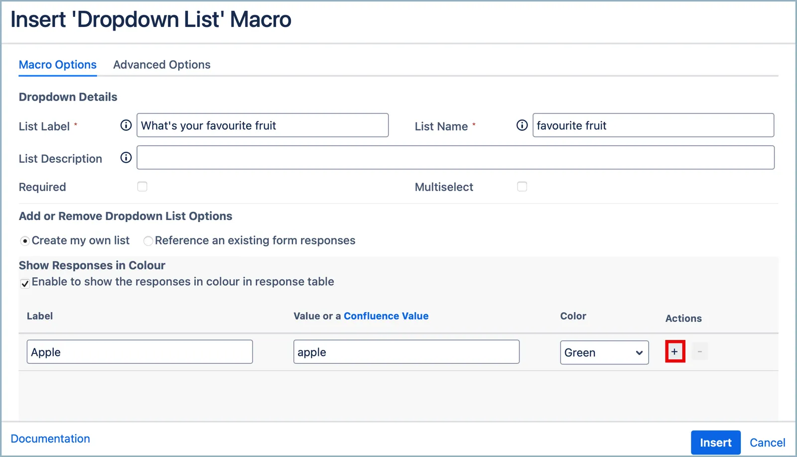 Screen showing a custom list with multiple label and value pairs and the plus (+) button used to add additional list items.