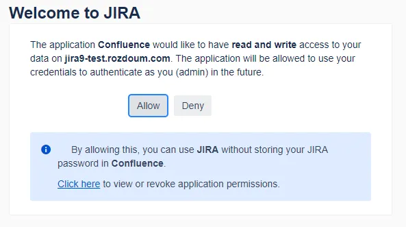 Jira authorization prompt asking the user to allow Confluence to access their Jira account via Application Links