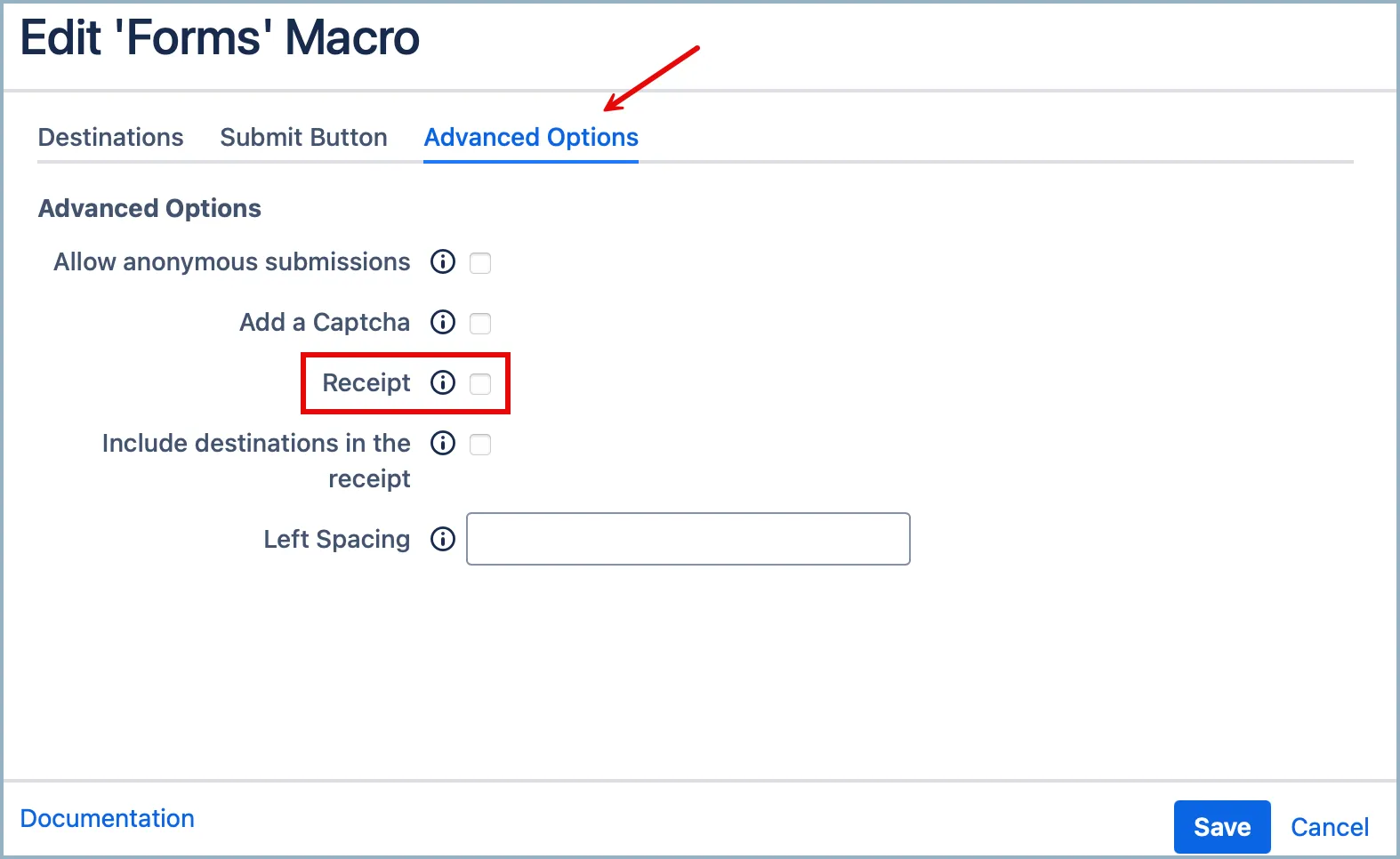 Forms macro Advanced Options tab with the Receipt option highlighted