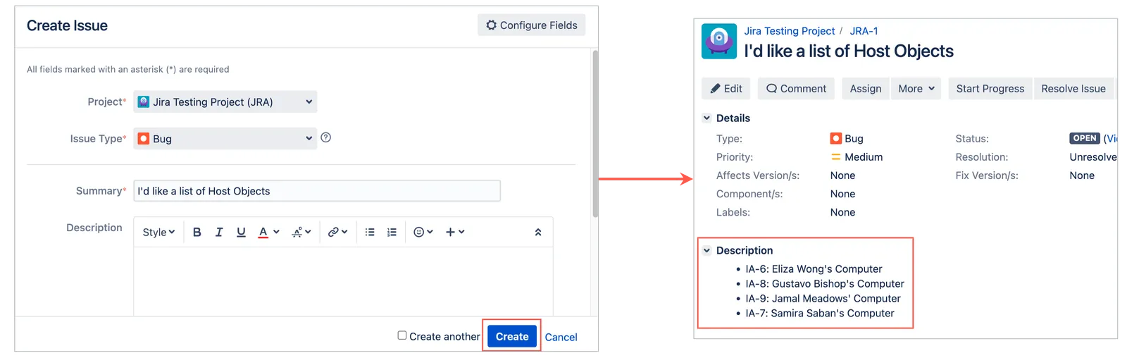 Jira issue view showing the Description field populated with a bulleted list of Host object keys and names returned by the automation rule