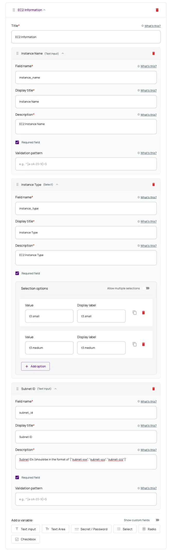 Step 2 fields for EC2 Instance information, inclucing Title fields, instance fields, Subnet ID fields, and options for adding variables.