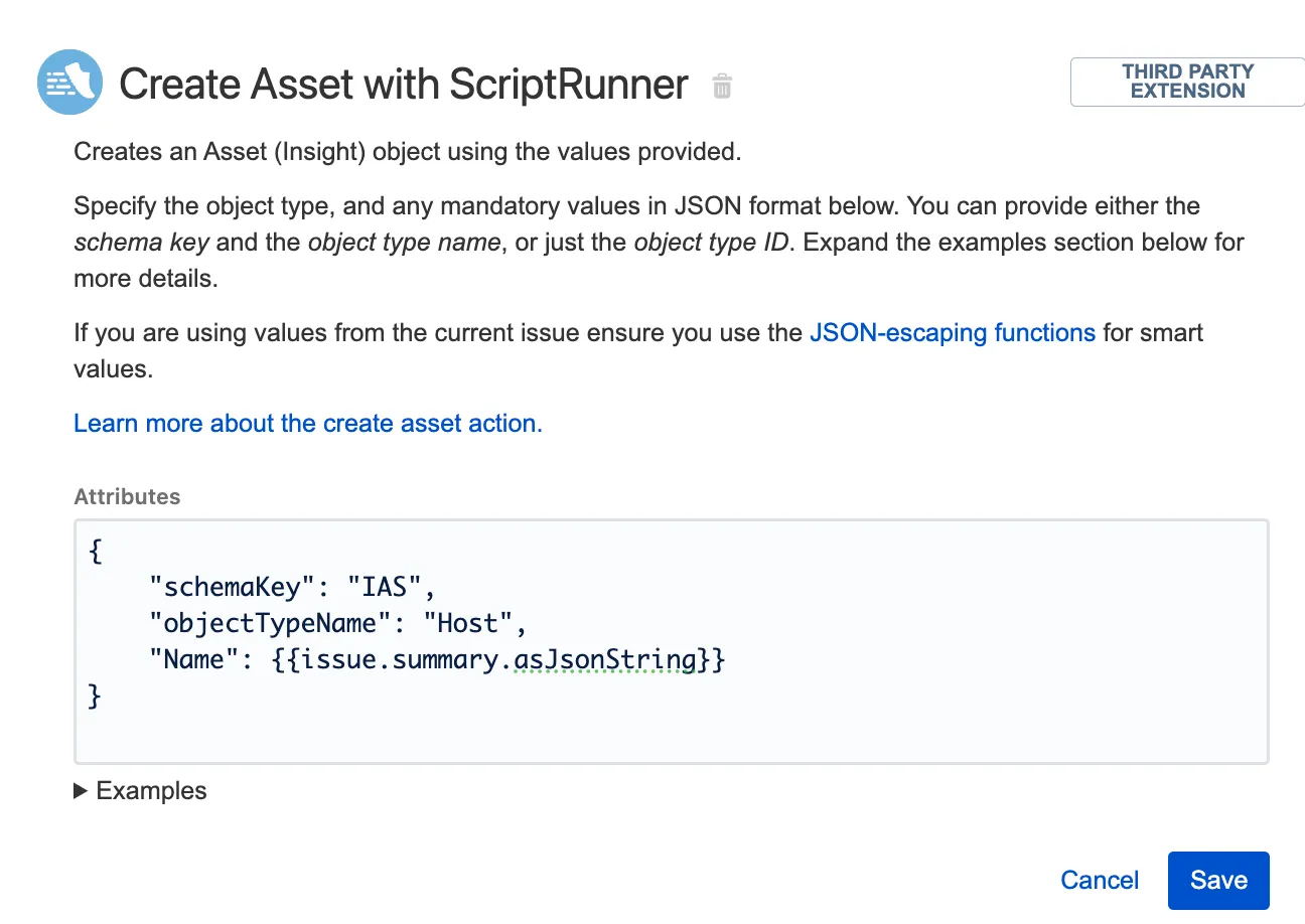 Automation for Jira Create Asset with ScriptRunner configuration screen showing Attributes text box and example JSON payload
