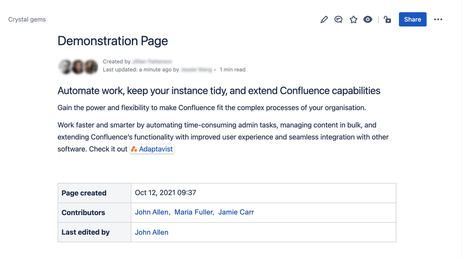 An example Page Info macro on a published page.