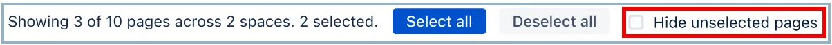 Page list with several checkboxes selected and the Hide unselected pages checkbox enabled at the bottom of the screen.