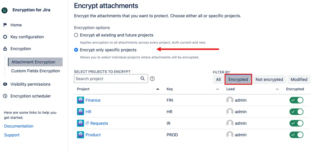 Attachment Encryption screen showing the Filter By option set to Encrypted and a list of encrypted projects selected