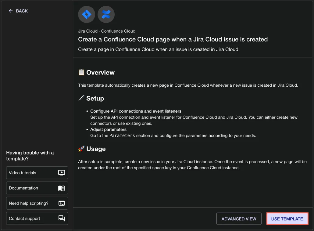 The Use Template option highlighted in the Create a Confluence Cloud page when a Jira Cloud issue is created teamplate screen.