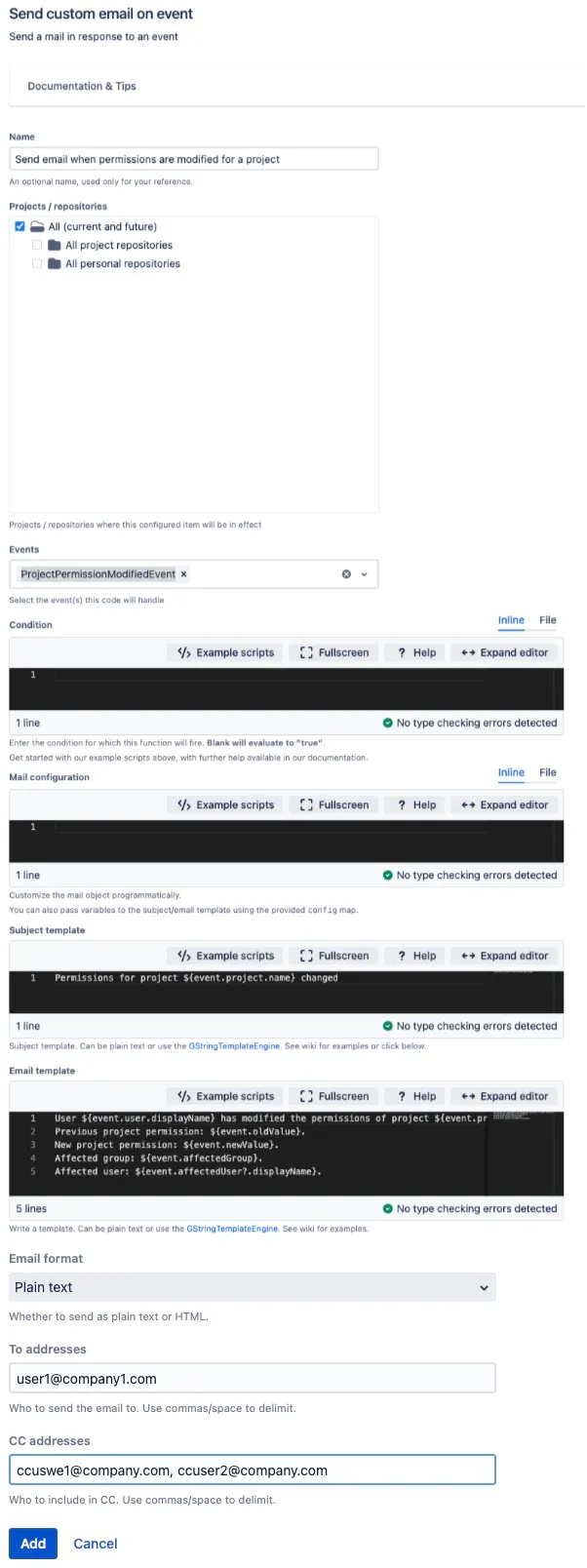 Send email notification template for modified project permissions