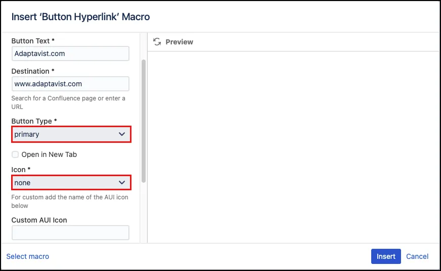 Macro editor settings for configuring a primary button without an icon