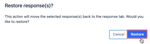 Screenshot of the Restore Confirmation pop-up with the Restore button highlighted.