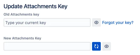 Update Attachments Key section showing Old Attachments key and New Attachments Key fields with the Generate button highlighted