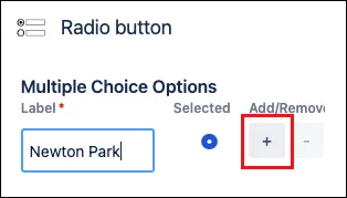 Form Builder interface showing radio button options with labels, descriptions, and controls to add, remove, and preselect options