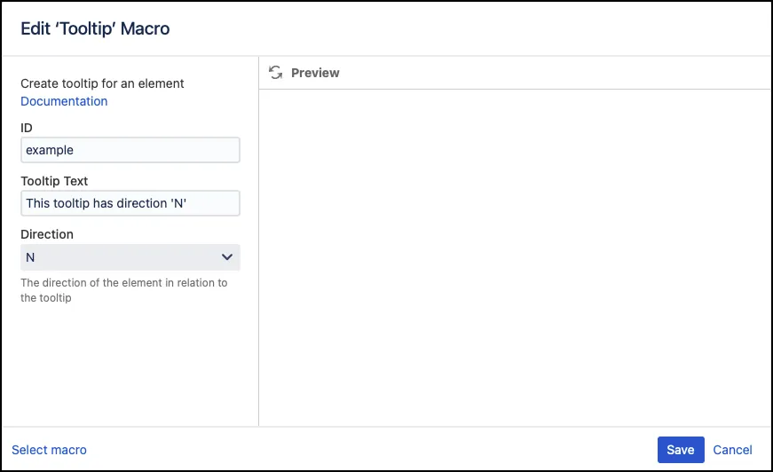 Tooltip macro editor showing fields for ID, Tooltip Text, and Direction configuration