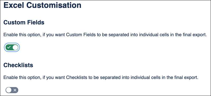 Customization menu showing toggle options for formatting Custom Fields and Checklists in Microsoft Excel exports