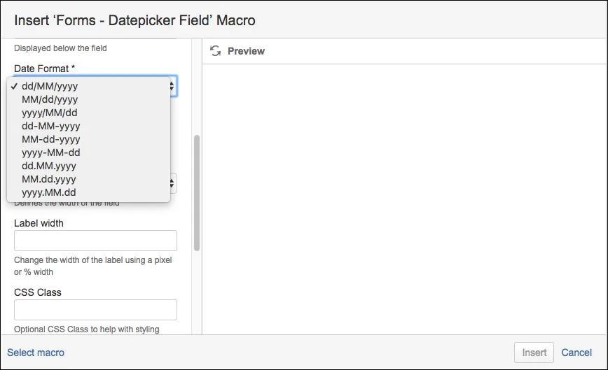 Date format dropdown showing multiple selectable date formats such as dd/MM/yyyy, MM/dd/yyyy, and yyyy-MM-dd.