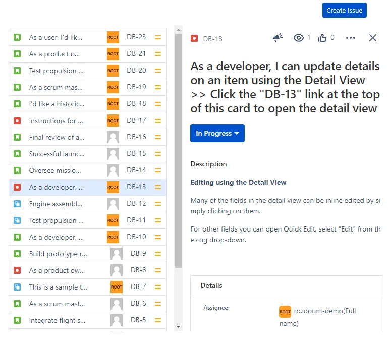 Issue view screen in the TMC macro showing detailed Jira issue information with header link to open the issue in the source Jira