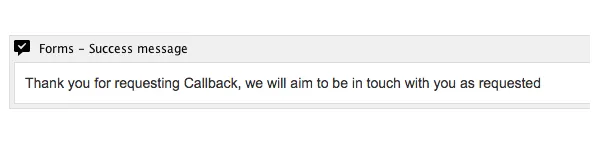 Success Message macro configuration showing the confirmation text that appears after a user submits the call-back request form