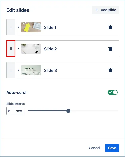 Slide thumbnail with drag handle highlighted for changing slide order