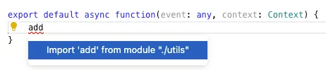 Code snippet showing an async function with a suggestion to import 'add' module from"./utils".