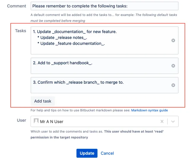Example configuration screen for Bitbucket showing the Tasks field with the Add Task option