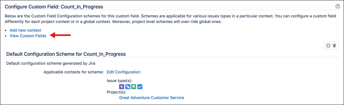 View Custom Fields screen listing available custom fields