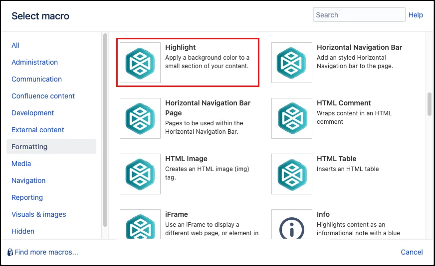 Macro Browser showing the Highlight macro selected