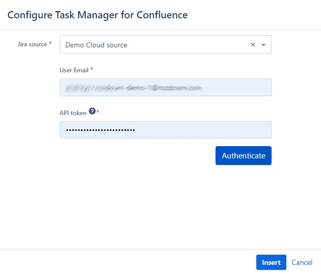 Configure Task Manager for Confluence popup showing fields for Jira source, user email, and API token with the Authenticate button highlighted.