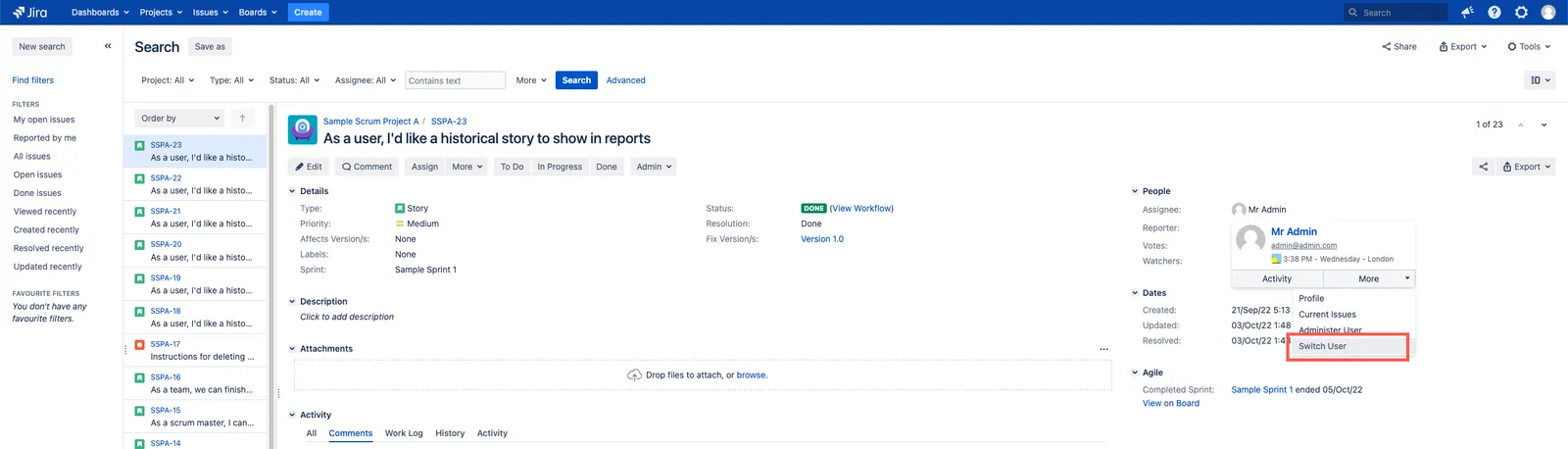Image showing where to access switch user in an issue