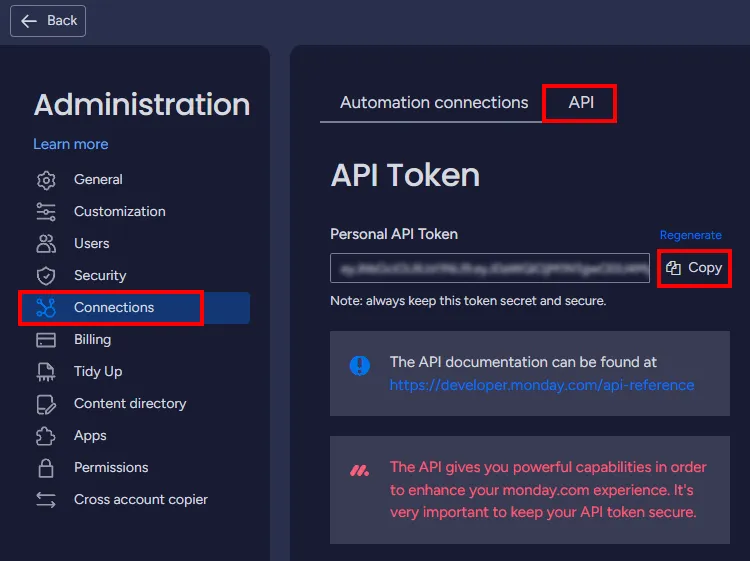 Image of the Administration screen with options selected