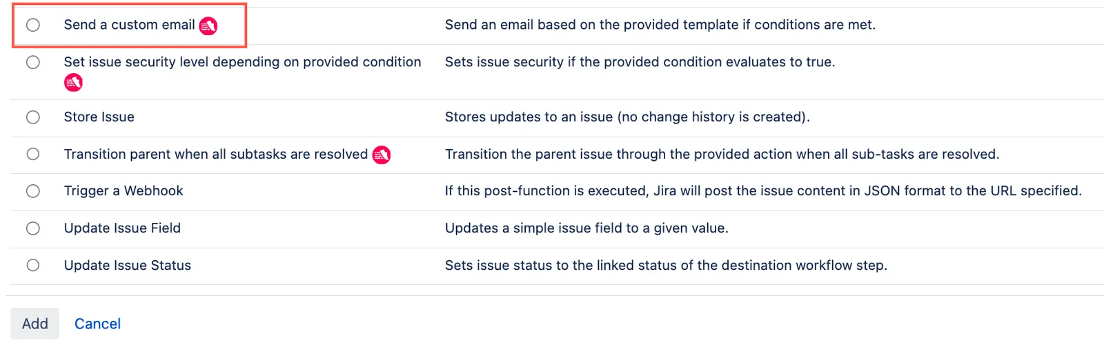 Send custom email post function selected.