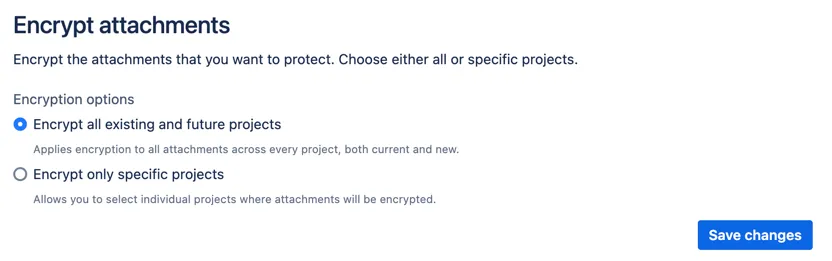 Jira encryption settings screen with the Encrypt all existing and future projects toggle option enabled and the Save changes button highlighted.