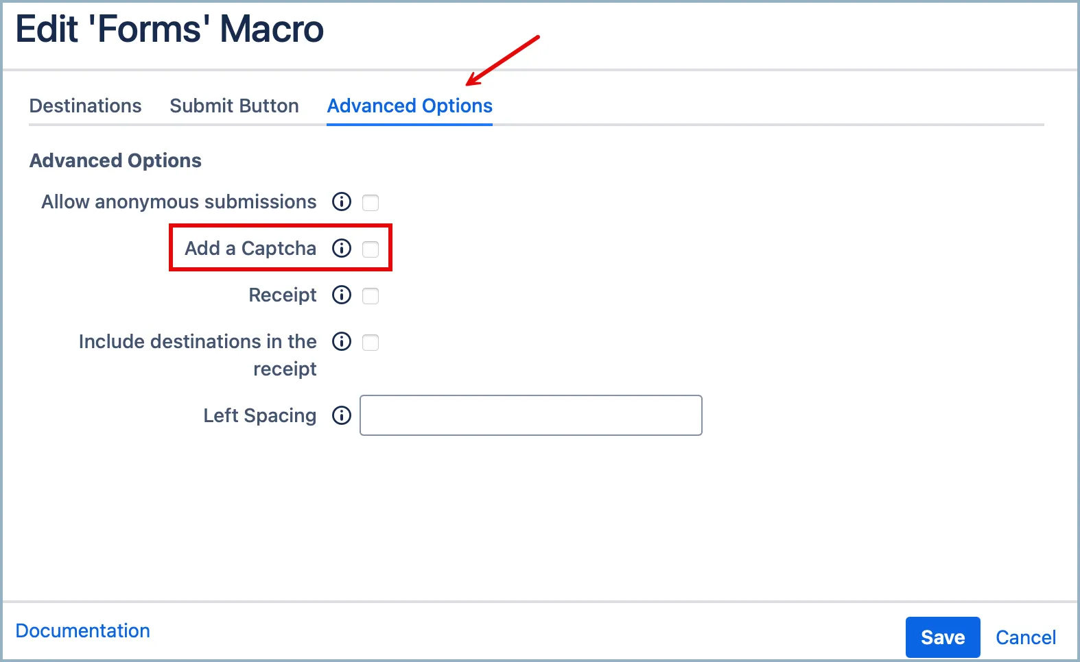 Forms macro Advanced Options tab with the “Add a CAPTCHA” checkbox highlighted