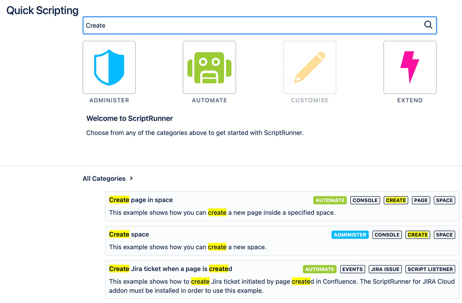 The term "create" has been searched in the Quick Scripting page.