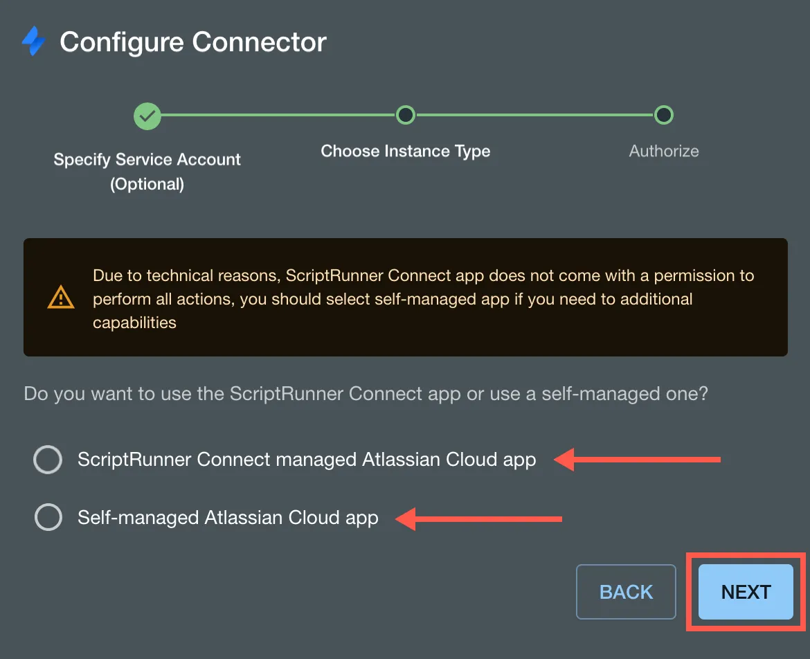 The select instance type screen in the create connector dialog screen.
