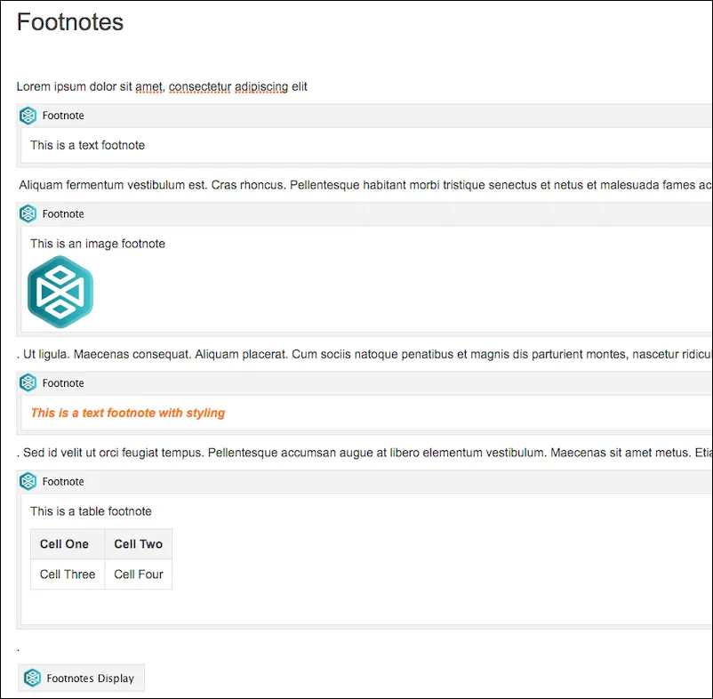 Confluence page in Edit view showing multiple footnote macros with different content types and formatting