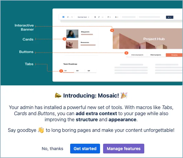 Welcome to Mosaic dialog with intro to the app and links to further information.