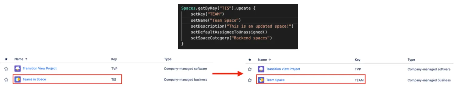 Code example showing how to update a space and the resulting updated space in the UI